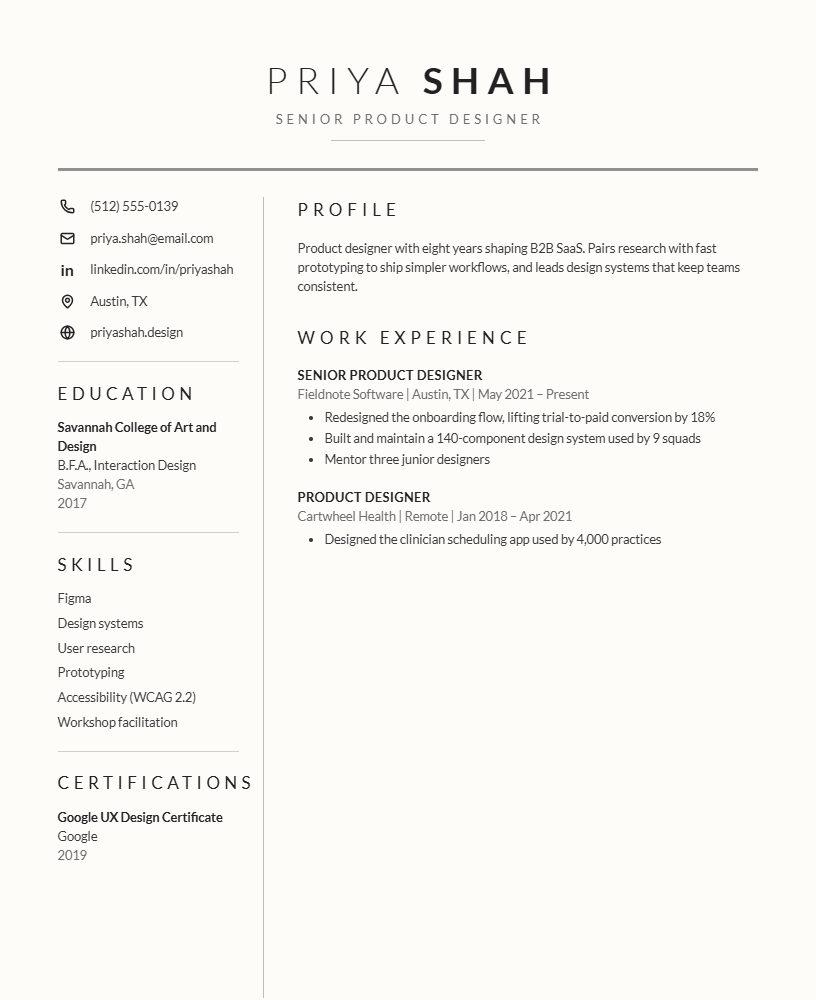 The Minimalist CV template preview