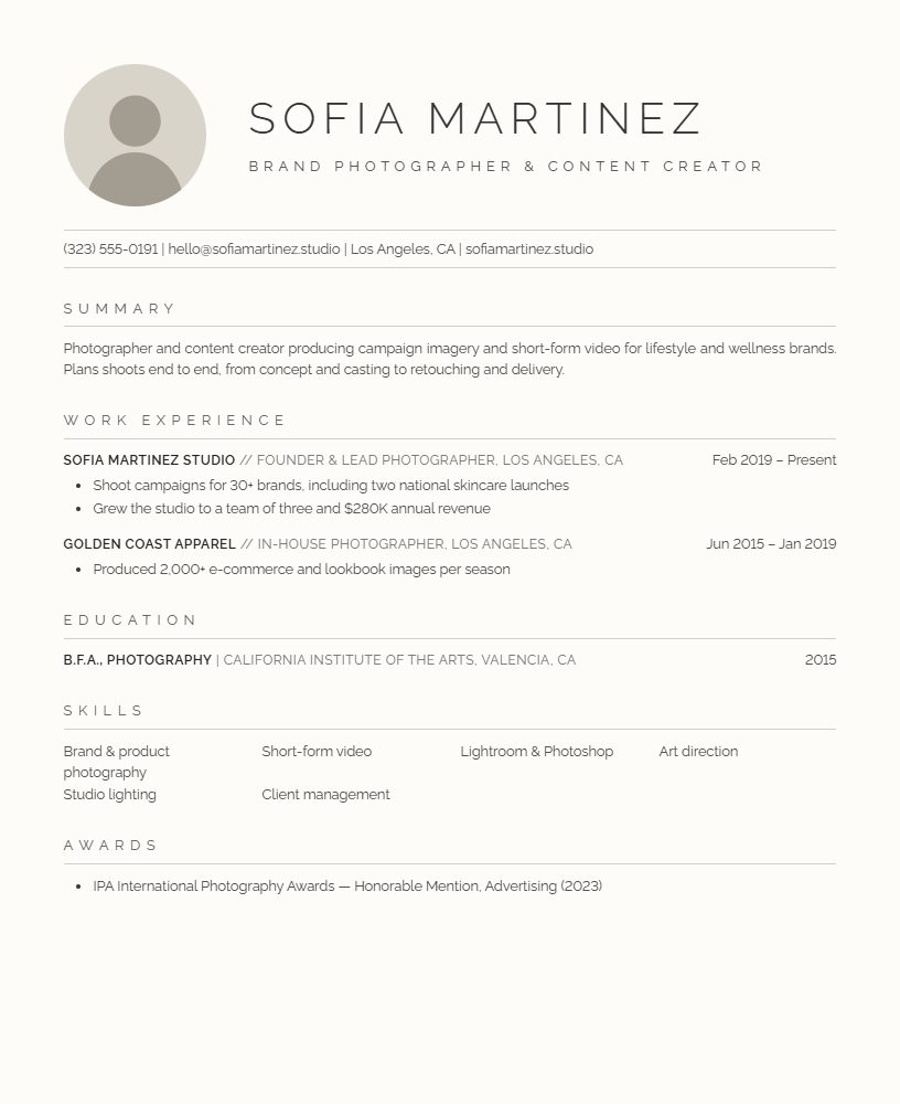 The Portrait CV template preview