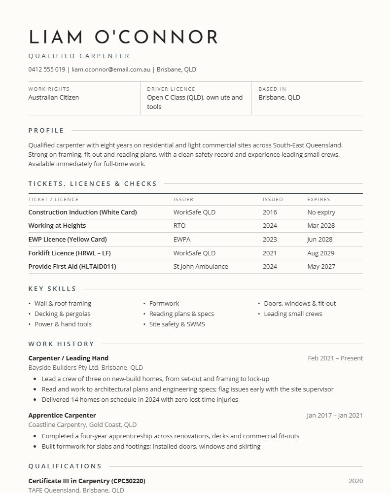 The Tradie CV template preview